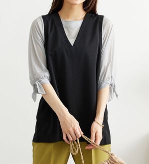 BELLUNA（ベルーナ）の「【2点セット】ストライプシャツ&times;ベストアンサンブル（アンサンブル）」｜黒系