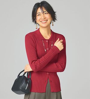 BELLUNA（ベルーナ）の「リブ素材衿付ニットカーディガン（ニットカーディガン）」｜レッド