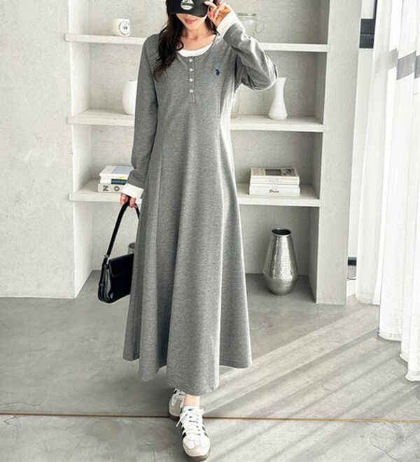 GeeRA（ジーラ）の「【U.S.POLOASSN】レイヤード風ヘンリーネックワンピース（カットソーワンピース）」｜グレー系