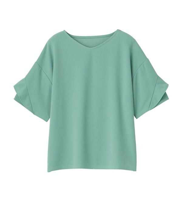 alotta（アロッタ）の「【４つの機能付】ひんやりフリル袖ブラウスＴシャツ（ブラウス）」｜ブルーグリーン