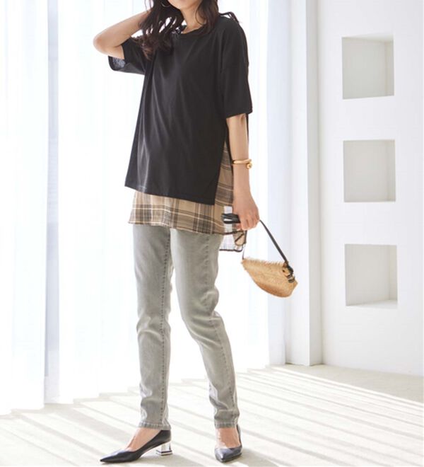RANAN（ラナン）の「チェック柄異素材使いTシャツ（カットソー）」｜詳細画像