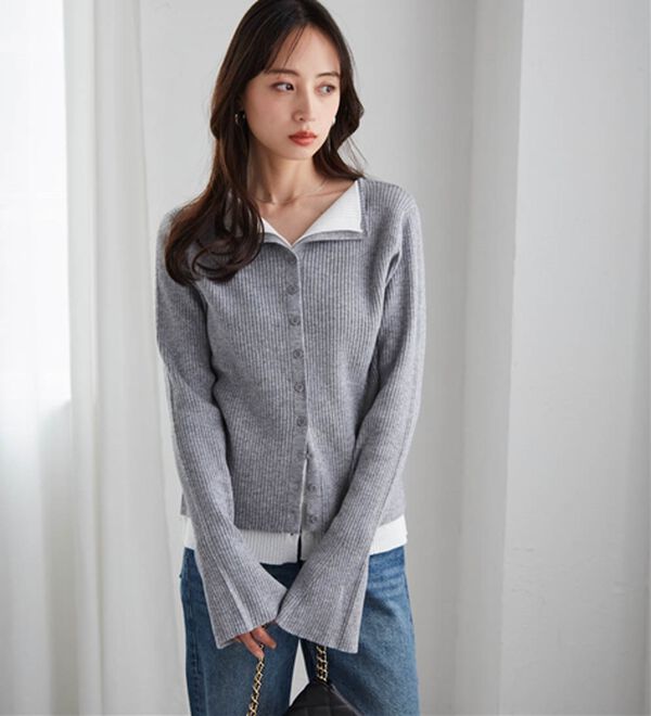 RANAN（ラナン）の「レイヤード配色ニットカーディガン（ニットカーディガン）」｜グレー／オフホワイト