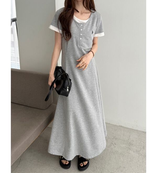 GeeRA（ジーラ）の「【ＵＳ．ＰＯＬＯ．ＡＳＳＮ】レイヤード風ヘンリーネック半袖ワンピース（カットソーワンピース）」｜詳細画像