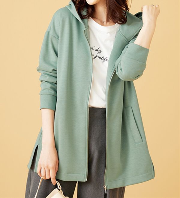 BELLUNA（ベルーナ）の「フードデザインとろみ素材ジップアップパーカー（パーカー）」｜ミント