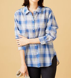 BELLUNA（ベルーナ）の「涼やか綿１００％シアー素材チェックシャツ（チュニック）」｜ブルー系