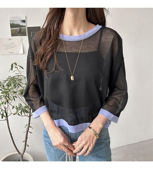 GeeRA（ジーラ）の「配色シアーニットトップス（ニット・セーター）」｜詳細画像