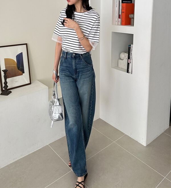 GeeRA（ジーラ）の「綿１００％袖シアー切替シルケットＴシャツ（Tシャツ）」｜詳細画像