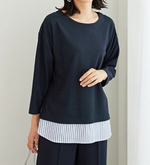 BELLUNA（ベルーナ）の「 ラメストライプシャツフェイクチュニック（チュニック）」｜ネイビー系