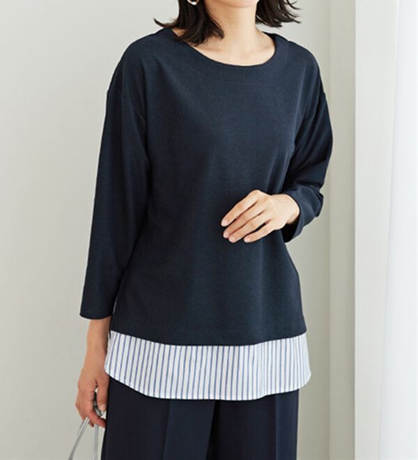 BELLUNA（ベルーナ）の「 ラメストライプシャツフェイクチュニック（チュニック）」｜ネイビー系