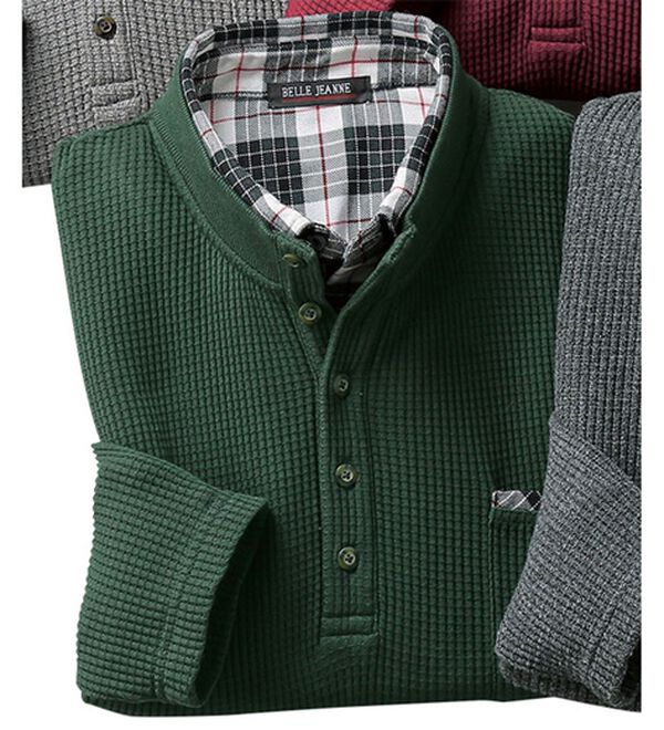 「重ね着いらずのダブル衿トレーナー（メンズトレーナー）」｜グリーン