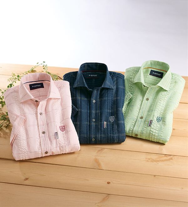 「＜ダンロップ・リファインド＞こだわりの絣（かすり）チェック涼感シャツ（メンズシャツ）」｜詳細画像