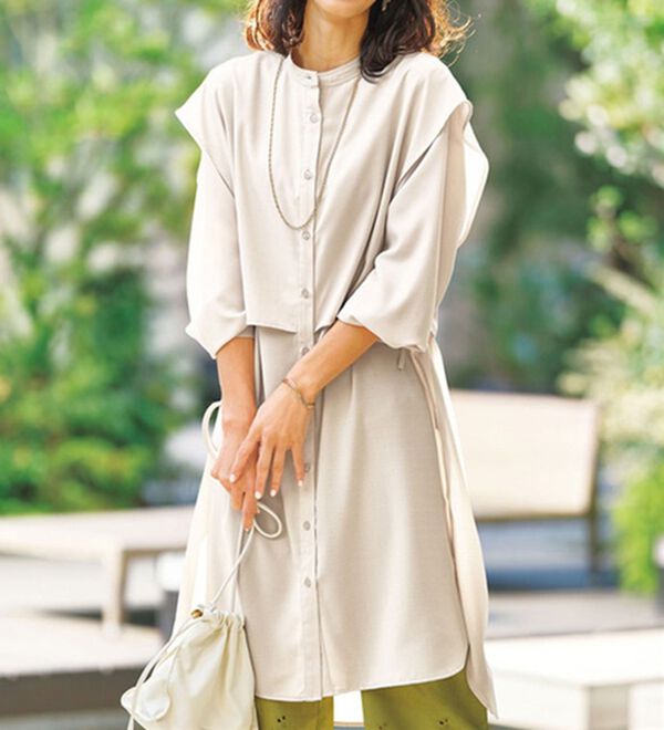 BELLUNA（ベルーナ）の「麻調素材レイヤード風ロングシャツ（シャツワンピース）」｜詳細画像