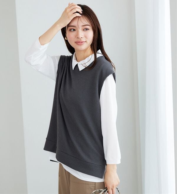 BELLUNA（ベルーナ）の「【新色追加】&ldquo;2点セット&rdquo;あぜ素材ベストアンサンブル（アンサンブル）」｜詳細画像