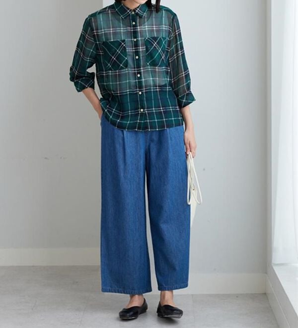 BELLUNA（ベルーナ）の「シフォン楊柳チェック柄プリントシャツ（シャツ）」｜詳細画像