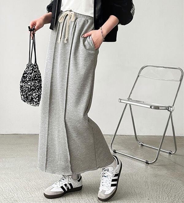 GeeRA（ジーラ）の「すっきり見え！フロントラインスウェットナロースカート（ロングスカート）」｜杢グレー