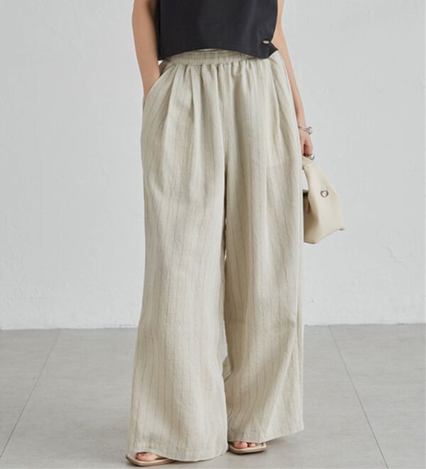 RANAN（ラナン）の「ダブルウエストシアーイージーパンツ（ワイドパンツ・ガウチョ）」｜キナリストライプ