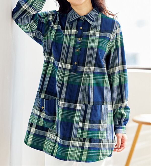 BELLUNA（ベルーナ）の「綿１００％起毛チェック柄かっぽうシャツ（シャツ）」｜詳細画像