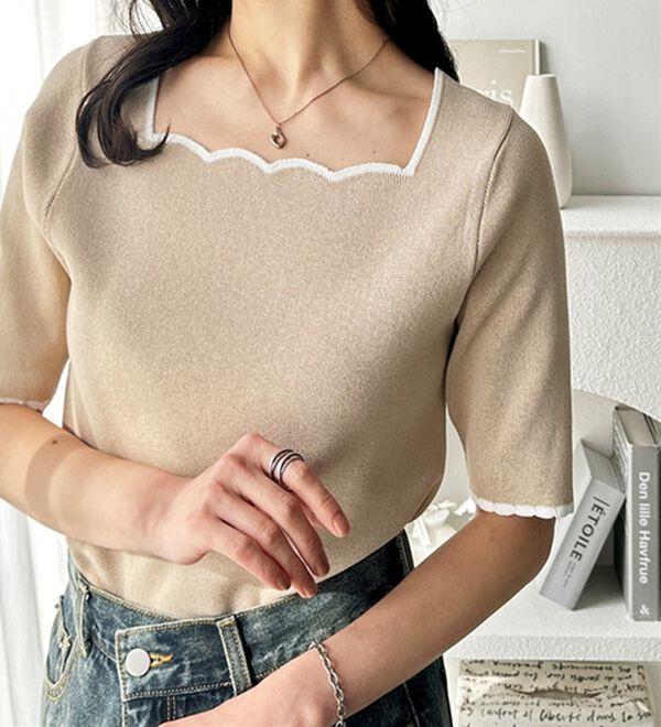 GeeRA（ジーラ）の「配色スカラップ５分袖ニット（ニット・セーター）」｜詳細画像