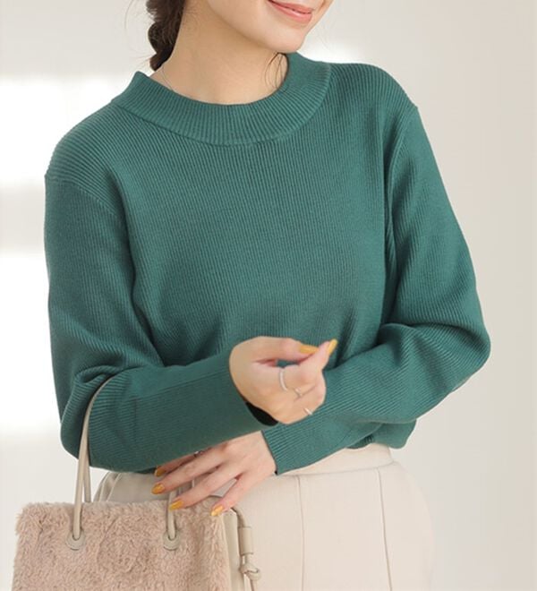 A HAPPY MARILYN（アハッピーマリリン）の「【Ｌ～６Ｌ】モックネック／ハイネックから選べる Ｔシャツ感覚で着られる（もっちりｖｅｒ）リブニット（ニット・セーター）」｜グリーン