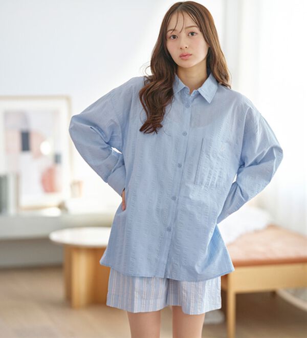 YU'NOW（ユナウ）の「【長袖＋ショートパンツ】綿１００％サッカーシャツパジャマ（パジャマ・ルームウェア）」｜詳細画像