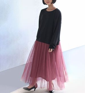 A HAPPY MARILYN（アハッピーマリリン）の「【Ｌ～６Ｌ】ゆるっと着られるチュールスカートドッキングワンピース（ドッキングワンピース）」｜ブラック&times;ピンクブラウン