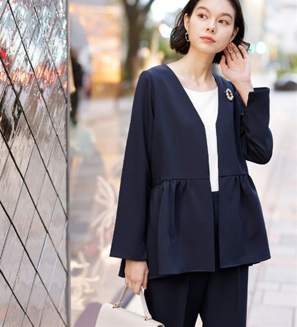 ネイビー ペプラムジャケットワンピーススーツL