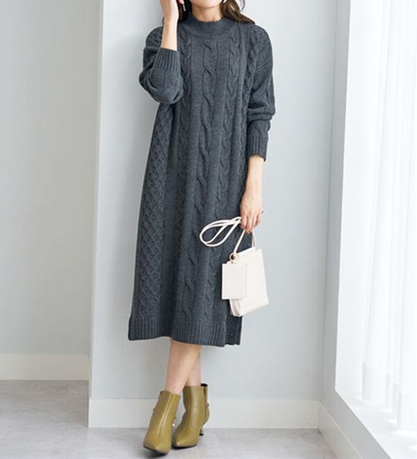 BELLUNA（ベルーナ）の「ケーブル柄ロング丈ニットワンピース（ニットワンピース）」｜詳細画像
