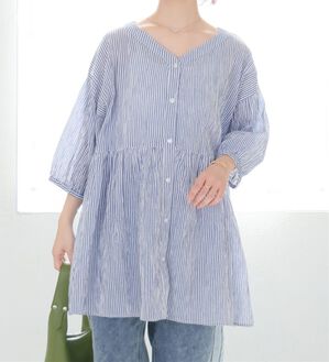 A HAPPY MARILYN（アハッピーマリリン）の「【Ｌ～６Ｌ】【風通るプレミアム】綿・楊柳、七分袖ウエストギャザーブラウス。（ブラウス）」｜ネイビーストライプ
