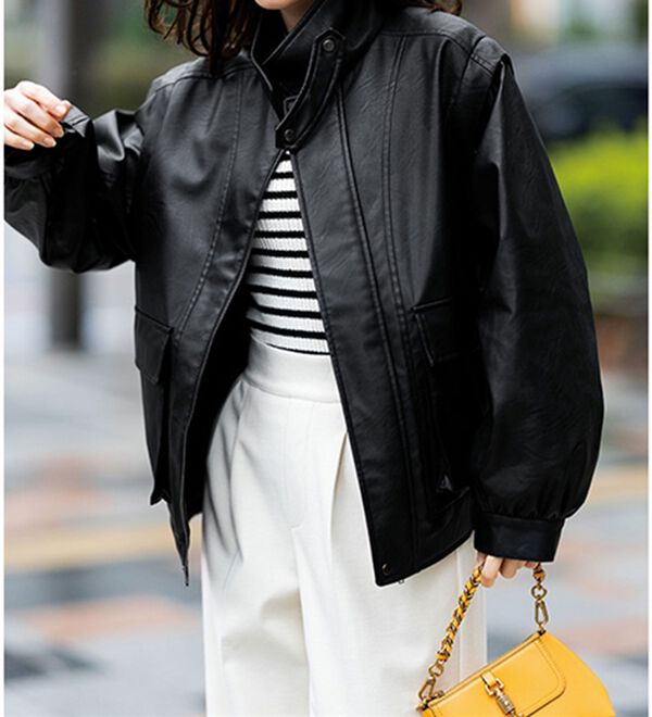 RANAN（ラナン）の「フェイクレザーデタッチャブルオーバーサイズブルゾン（ブルゾン）」｜ブラック