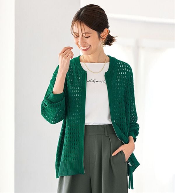 BELLUNA（ベルーナ）の「透かし柄ニットジップブルゾン（ニットカーディガン）」｜グリーン