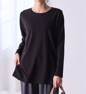 RANAN（ラナン）の「＜ＢＣ＞綿１００％&times;吸湿発熱！あったか裾スリットロングプルオーバー（カットソー）」｜ブラック