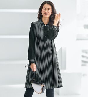 BELLUNA（ベルーナ）の「細見えストライプ切替チュニックワンピース（チュニックワンピース）」｜黒系