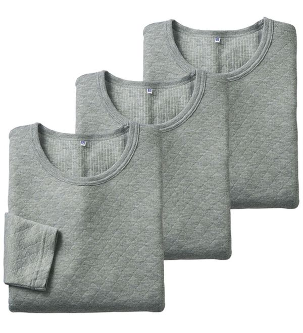 「【３枚組】丸編み仕様の軽ふわキルトインナー　長袖丸首（メンズ肌着・インナーウェア）」｜詳細画像