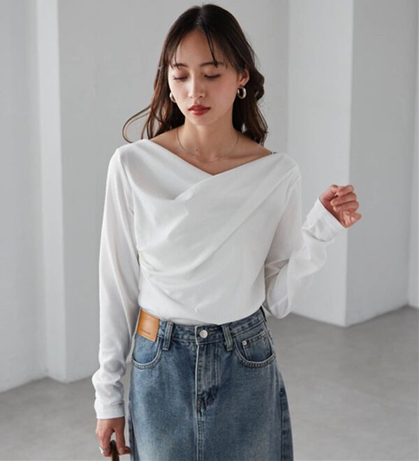 RANAN（ラナン）の「【春色追加】上品ドレープリブロングＴシャツ（カットソー）」｜詳細画像