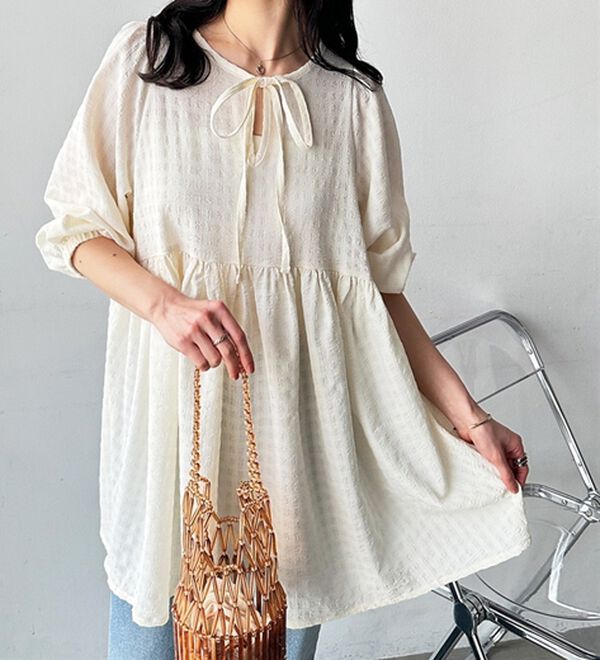 GeeRA（ジーラ）の「前後２ＷＡＹチェックペプラムチュニック（チュニック）」｜アイボリー