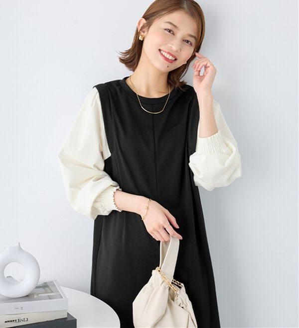 Viola e Viola（ヴィオラ エ ヴィオラ）の「楽ちんコーデ袖切替ドッキングワンピース（ドッキングワンピース）」｜ブラックオフ