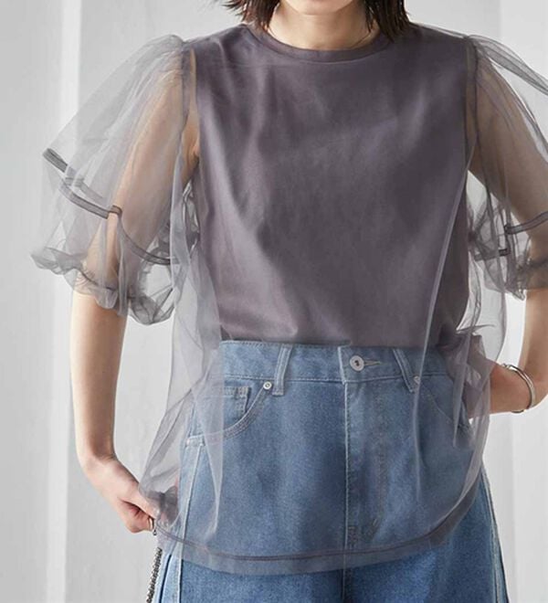 RANAN（ラナン）の「【ひんやり】チュールレイヤードパフスリーブTシャツ（カットソー）」｜詳細画像