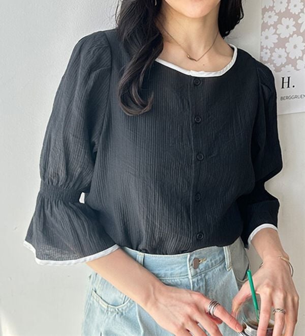 GeeRA（ジーラ）の「前後２ＷＡＹ配色パイピング５分袖ブラウス（ブラウス）」｜詳細画像