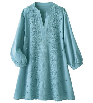 ルフラン（ルフラン）の「綿１００％花刺しゅうブラウス（ブラウス）」｜グレイッシュブルー