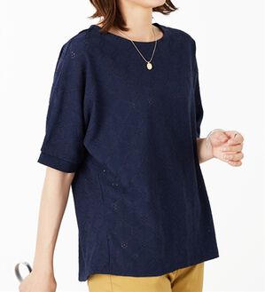 BELLUNA（ベルーナ）の「総レース素材ドルマンプルオーバー（カットソー）」｜ネイビー