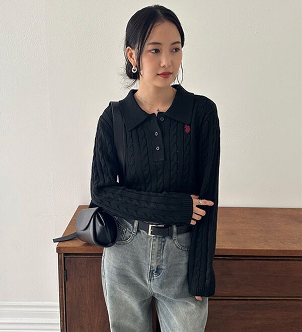RANAN（ラナン）の「＜Ｕ．Ｓ．Ｐ＞刺繍長袖ケーブルポロニット（ニット・セーター）」｜詳細画像
