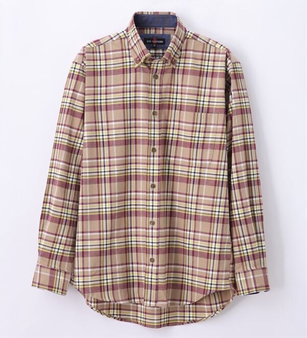 「着心地快適ストレッチネルシャツ（メンズシャツ）」｜ベージュ&times;ボルドー