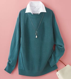 BELLUNA（ベルーナ）の「重ね衿付！細見えニットプルオーバー（ニット・セーター）」｜グリーン