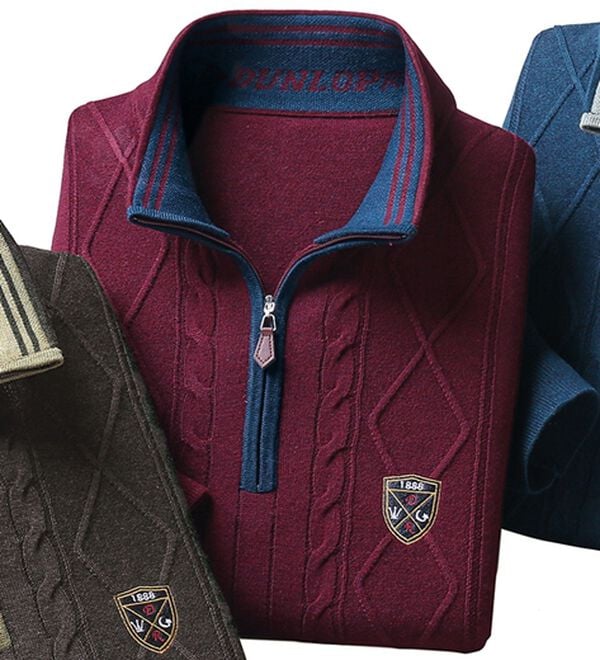 「＜ダンロップ・リファインド＞上質メランジ素材のハーフジップセーター（メンズニット・セーター）」｜ボルドー杢