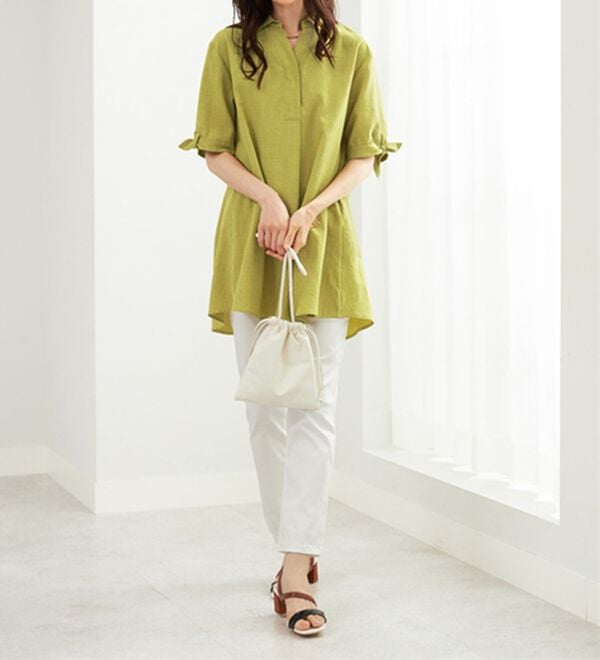 BELLUNA（ベルーナ）の「【接触冷感】麻調素材袖リボン使いシャツチュニック（チュニック）」｜詳細画像