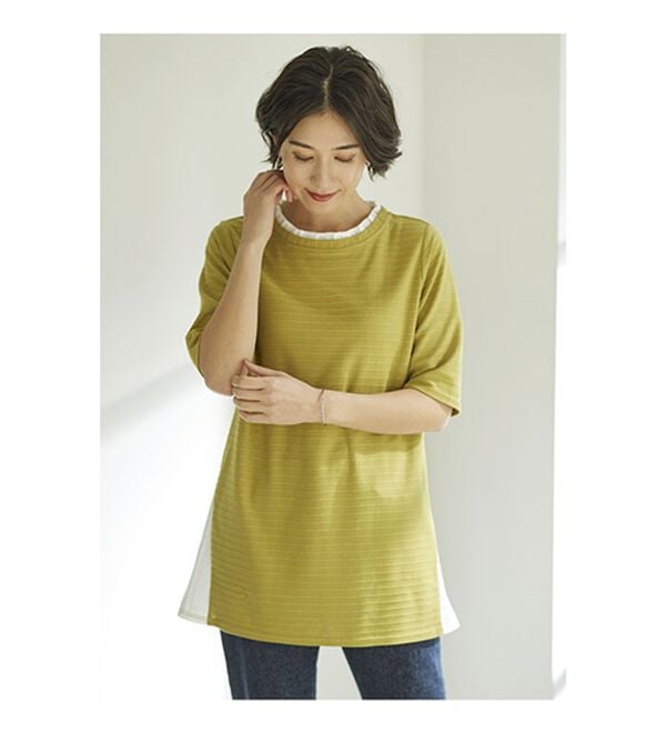 BELLUNA（ベルーナ）の「ひんやり冷感！タックジャカード素材重ね着風プルオーバー（カットソー）」｜詳細画像