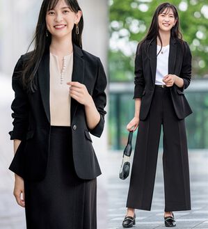 GeeRA（ジーラ）の「【ジャケット+2ボトム】洗えるストレッチ！ジャケット＆ブラウス＆ワイドパンツ＆スカートスーツセット（パンツスーツ）」｜ブラック系