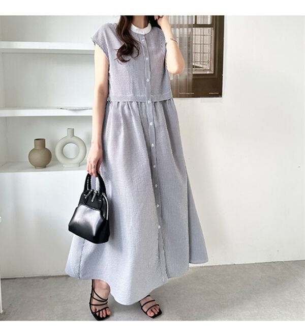 GeeRA（ジーラ）の「クレリック配色ウエストギャザーシャツワンピ―ス（シャツワンピース）」｜詳細画像