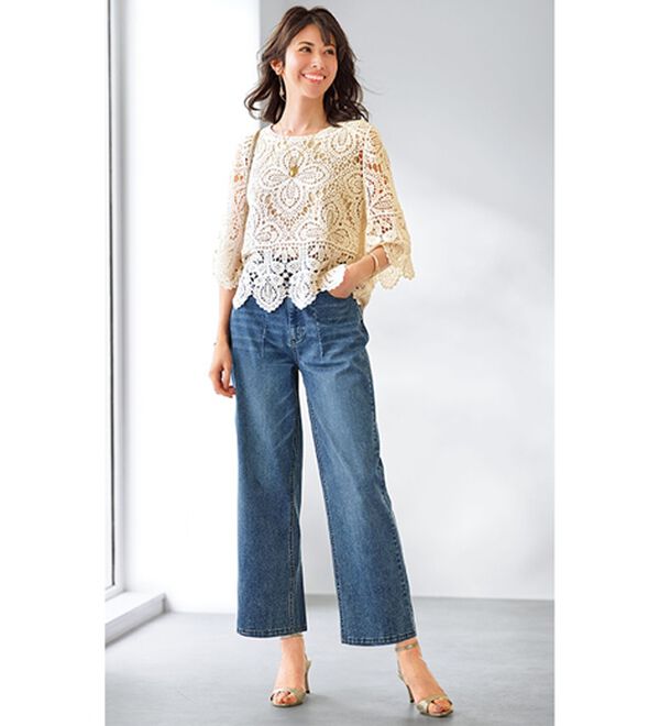 BELLUNA（ベルーナ）の「ヒンヤリ冷感！ライトオンスジーンズ（ワイド）（ワイドパンツ・ガウチョ）」｜詳細画像