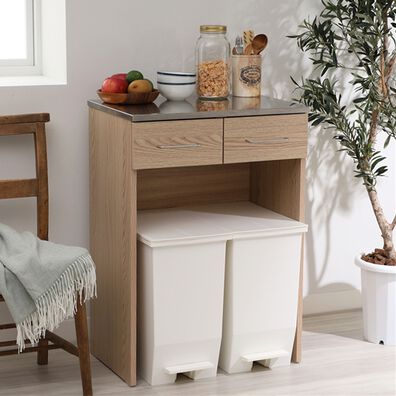 iellio（イエリオ）の「ステンレス天板ゴミ箱カウンター＜家電収納レンジ台・デッドスペース収納・作業台・木目調・ゴミ箱上収納＞（調理台・キッチンカウンター）」